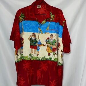 RIMA MENS SIZE XL Red Hawaiian Santa FESTIVE BEACH PALM TREES Print Men's Shirt